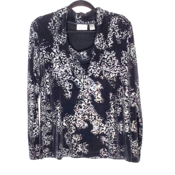 Chico's Travelers Cowl Neck Top Size 2 / US L Stretch Foil Print Slinky Pullover - Picture 9 of 10